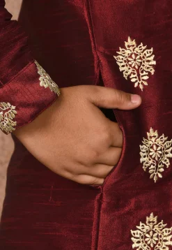 Embroidered Dupion Silk Kurta in Maroon