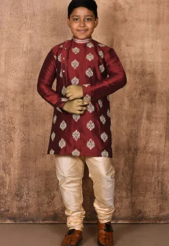 Embroidered Dupion Silk Kurta in Maroon