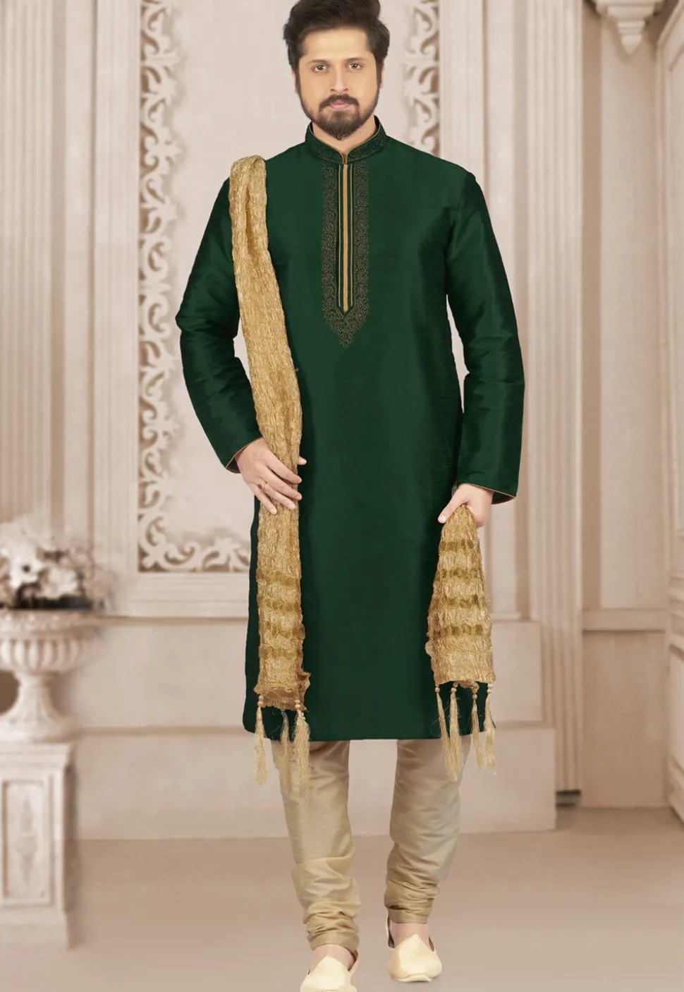 Embroidered Dupion Silk Kurta Set in Dark Green