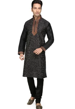Embroidered Dupion Silk Kurta Set in Black