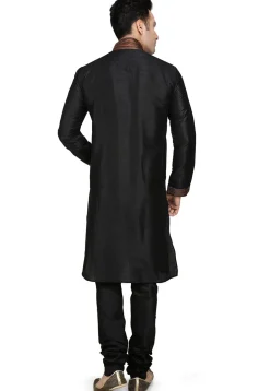 Embroidered Dupion Silk Kurta Set in Black