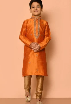 Embroidered Dupion Silk Kurta Set in Orange