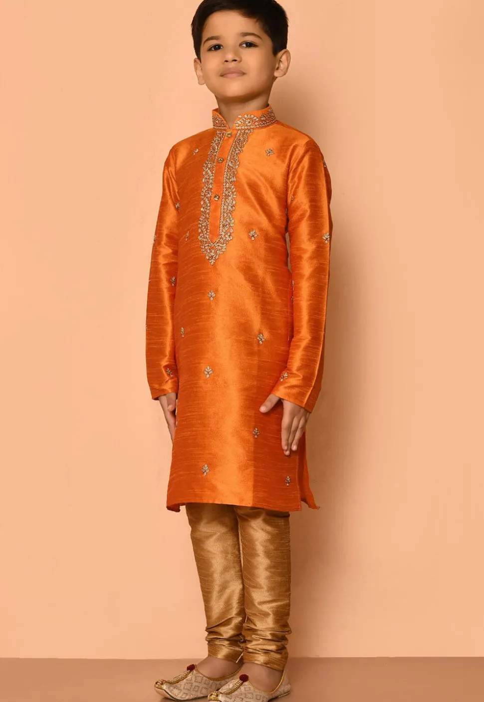 Embroidered Dupion Silk Kurta Set in Orange