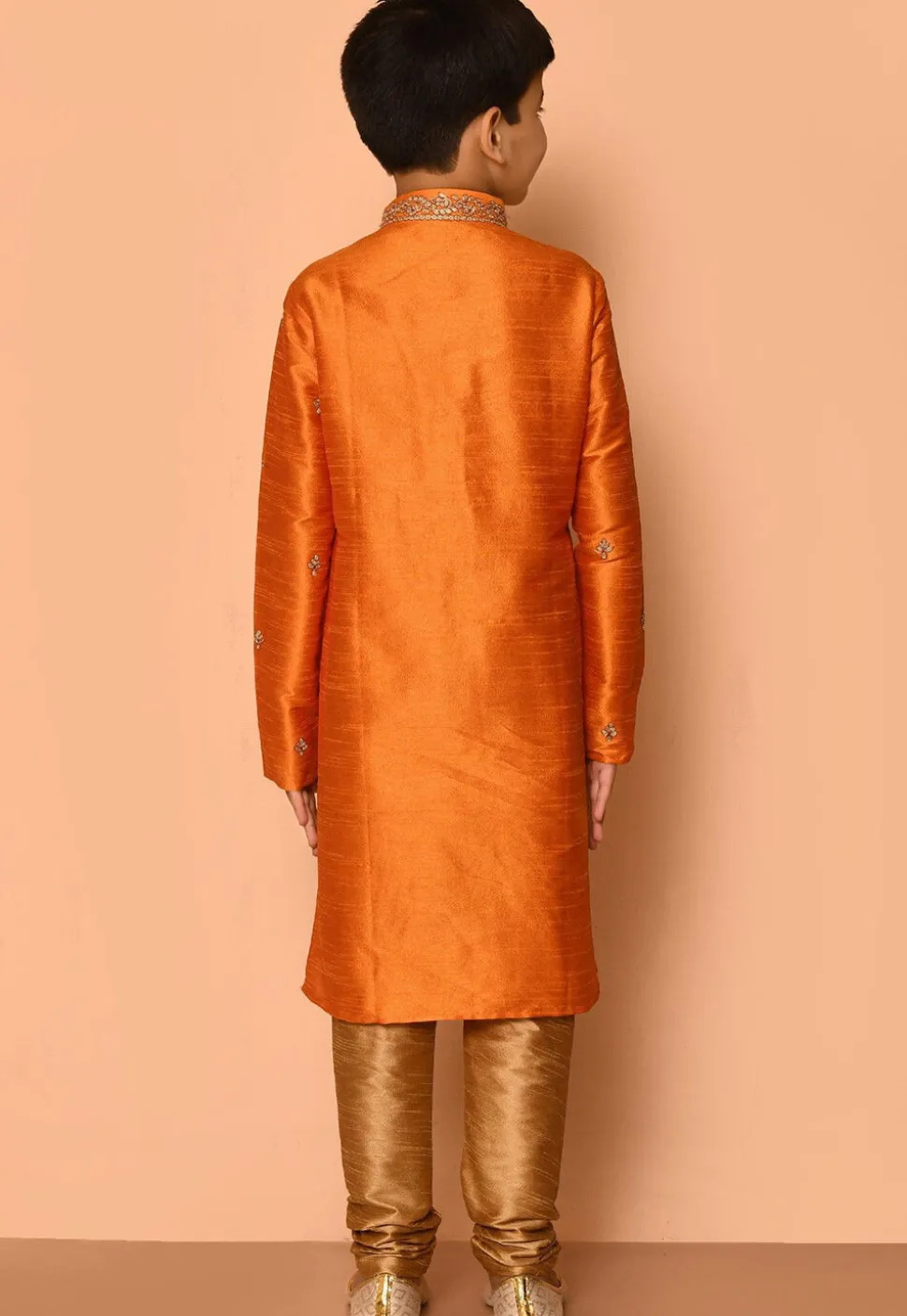 Embroidered Dupion Silk Kurta Set in Orange