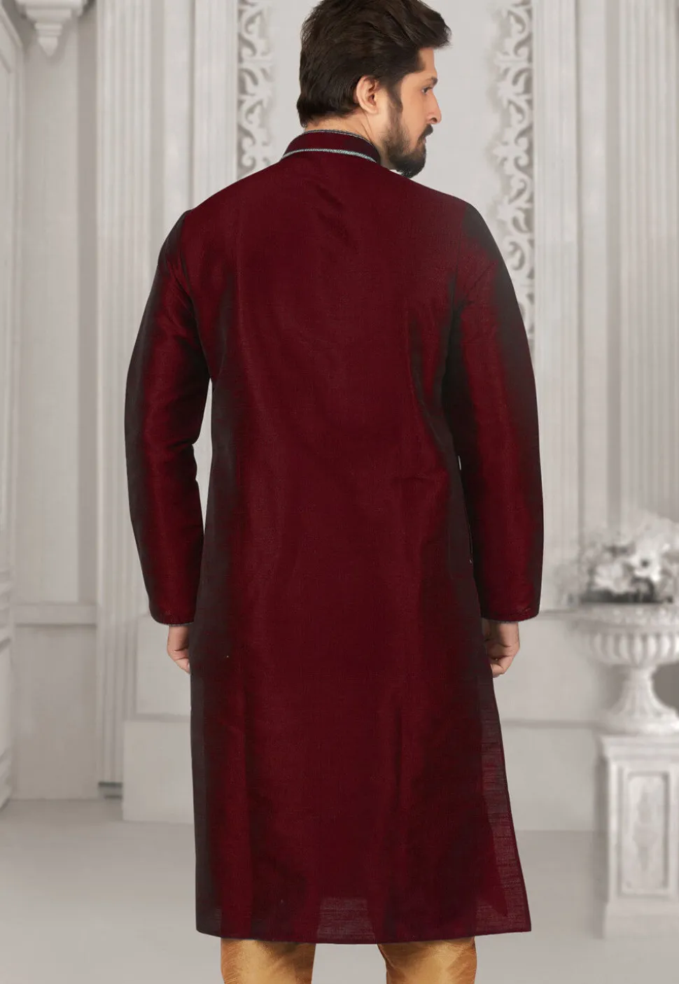 Embroidered Dupion Silk Kurta in Maroon