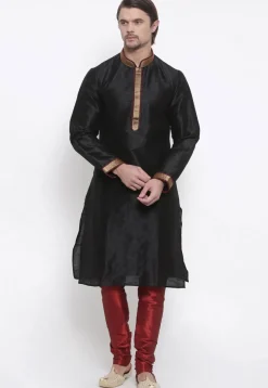 Embroidered Dupion Silk Kurta Set in Black