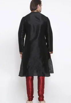 Embroidered Dupion Silk Kurta Set in Black