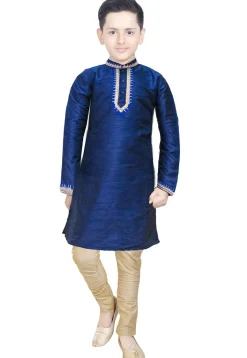 Embroidered Dupion Silk Kurta Set in Navy Blue