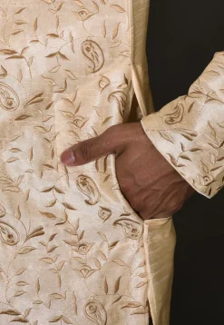 Embroidered Dupion Silk Kurta Set in Beige