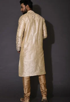 Embroidered Dupion Silk Kurta Set in Beige