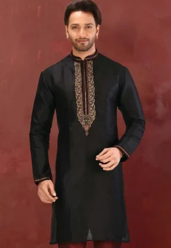 Embroidered Dupion Silk Kurta in Black