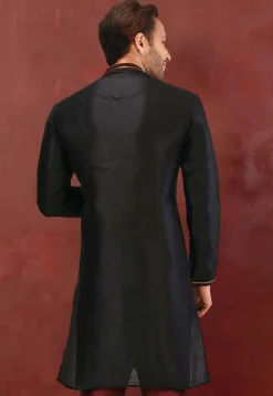 Embroidered Dupion Silk Kurta in Black