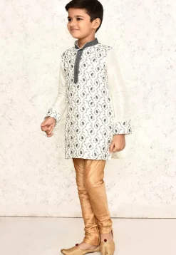 Embroidered Dupion Silk Kurta Set in Off White