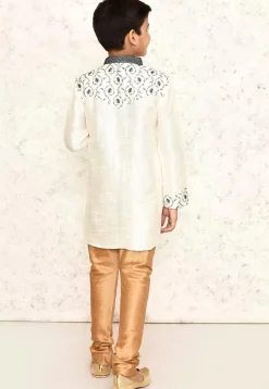 Embroidered Dupion Silk Kurta Set in Off White