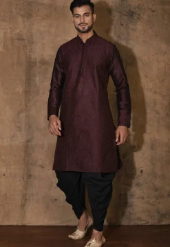Embroidered Dupion Silk Kurta Set in Wine
