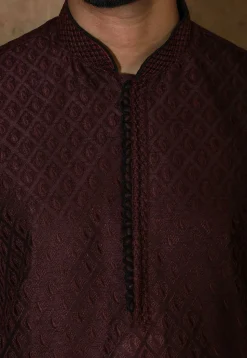 Embroidered Dupion Silk Kurta Set in Wine