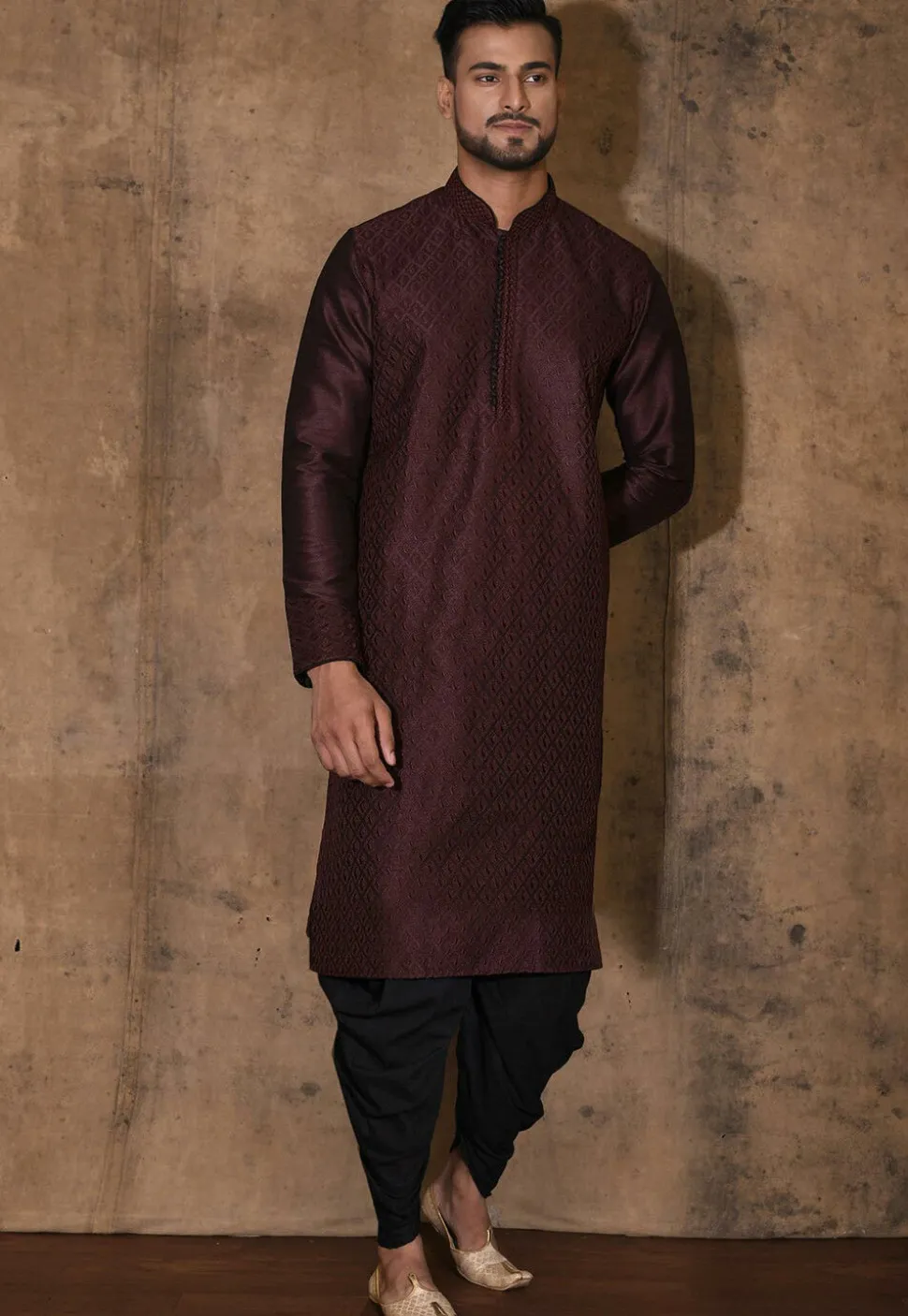 Embroidered Dupion Silk Kurta Set in Wine