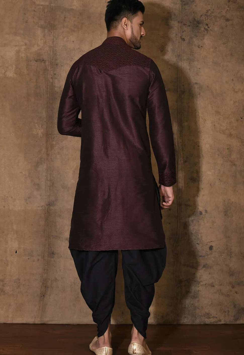 Embroidered Dupion Silk Kurta Set in Wine