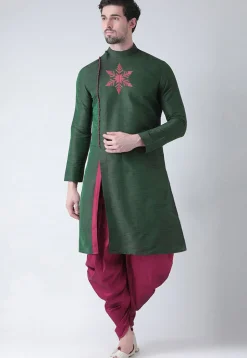 Embroidered Dupion Silk Kurta Set in Dark Green