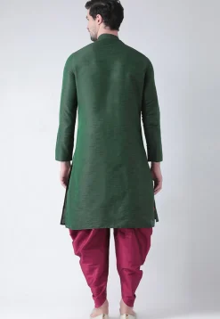 Embroidered Dupion Silk Kurta Set in Dark Green