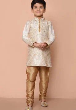 Embroidered Dupion Silk Kurta Set in Cream