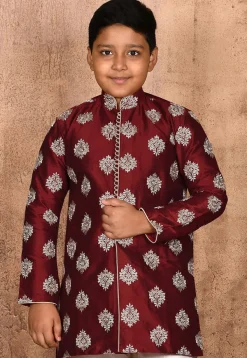 Embroidered Dupion Silk Kurta in Maroon