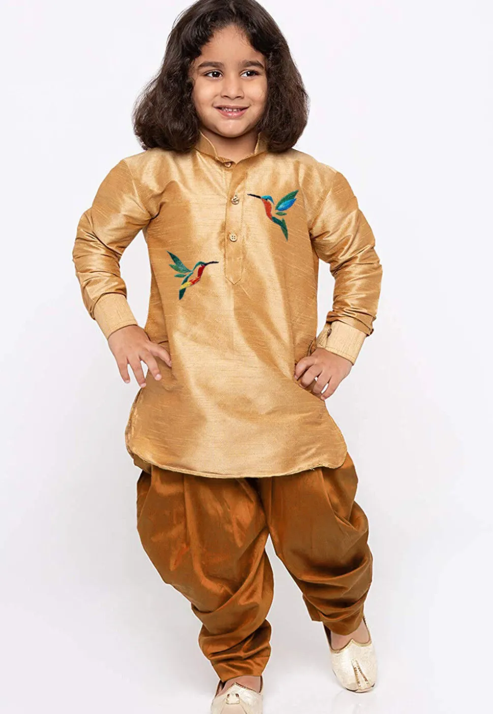 Embroidered Dupion Silk Kurta Set in Beige