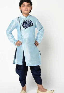 Embroidered Dupion Silk Kurta Set in Light Blue