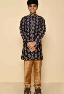 Embroidered Dupion Silk Kurta Set in Navy Blue