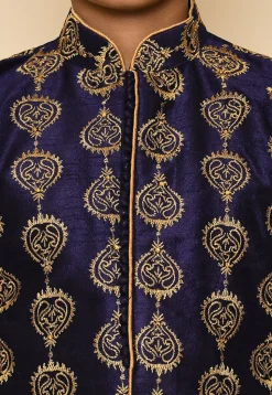 Embroidered Dupion Silk Kurta Set in Navy Blue