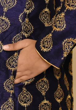 Embroidered Dupion Silk Kurta Set in Navy Blue