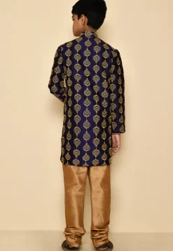 Embroidered Dupion Silk Kurta Set in Navy Blue