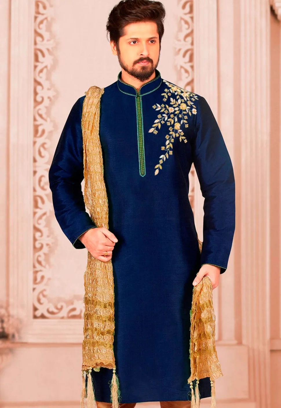 Embroidered Dupion Silk Kurta in Navy Blue