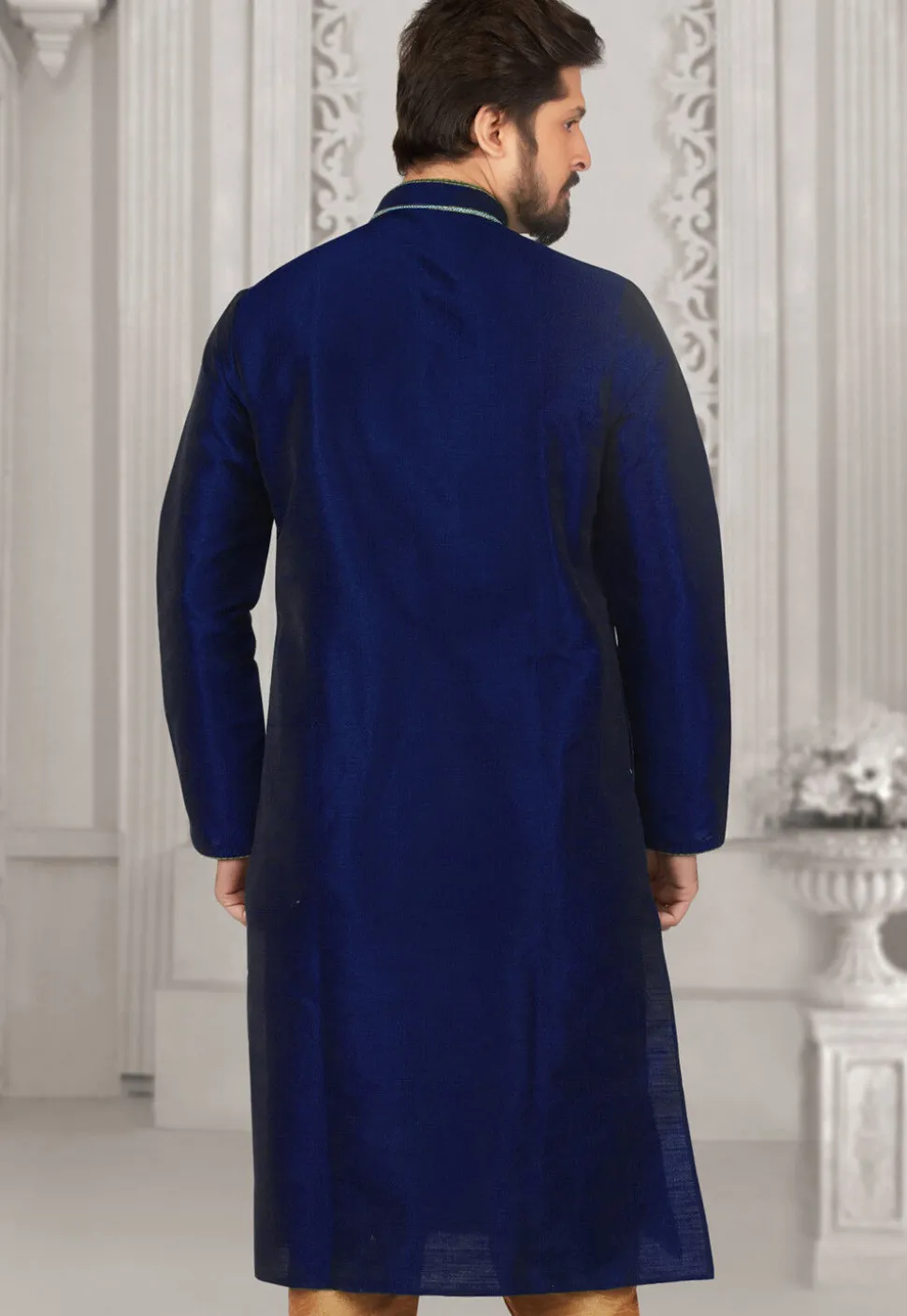 Embroidered Dupion Silk Kurta in Navy Blue