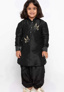 Embroidered Dupion Silk Kurta Set in Black