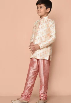 Embroidered Dupion Silk Kurta Set in Cream