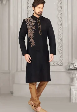 Embroidered Dupion Silk Kurta Set in Black
