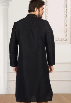 Embroidered Dupion Silk Kurta Set in Black