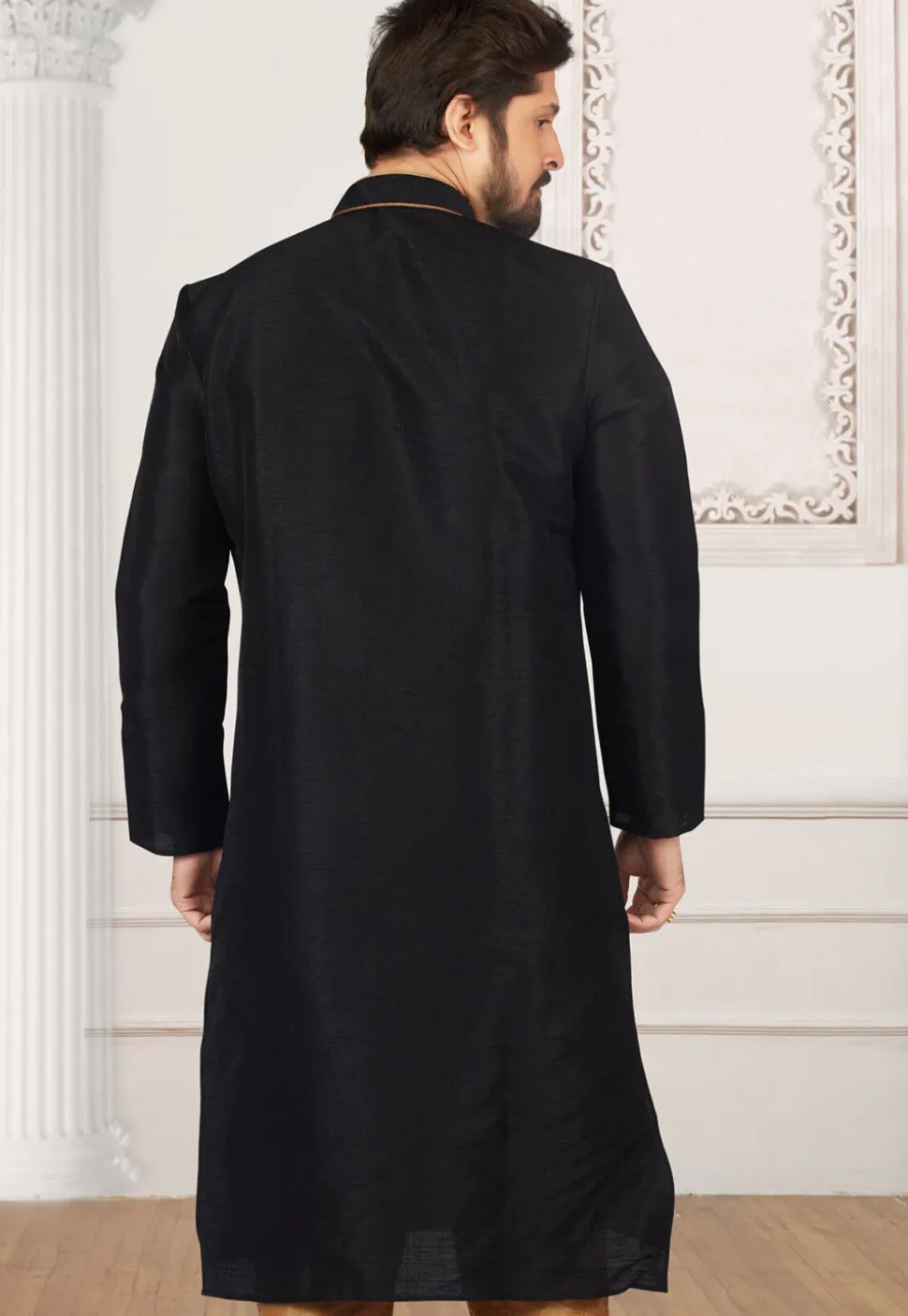 Embroidered Dupion Silk Kurta Set in Black