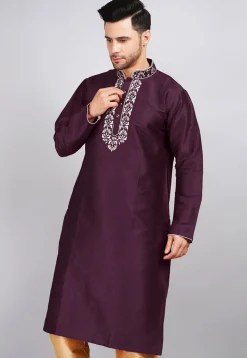 Embroidered Dupion Silk Kurta in Violet