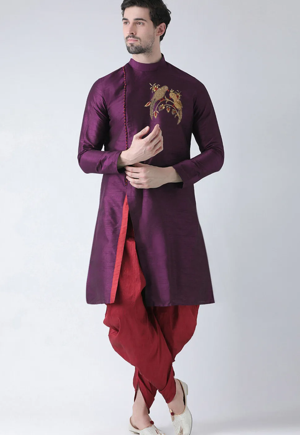 Embroidered Dupion Silk Kurta Set in Violet
