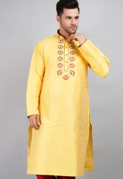 Embroidered Dupion Silk Kurta in Yellow