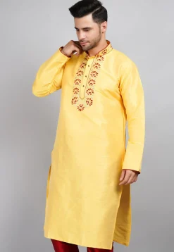 Embroidered Dupion Silk Kurta in Yellow