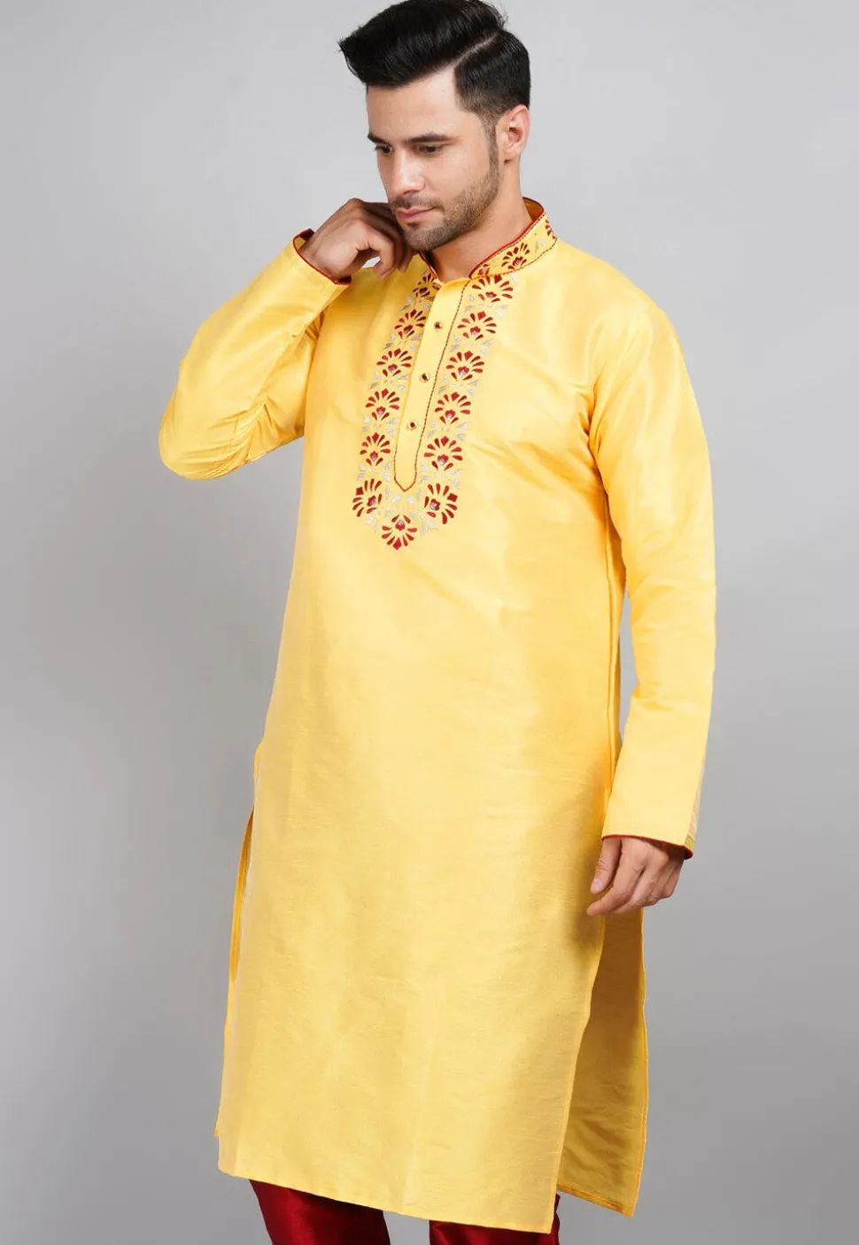 Embroidered Dupion Silk Kurta in Yellow