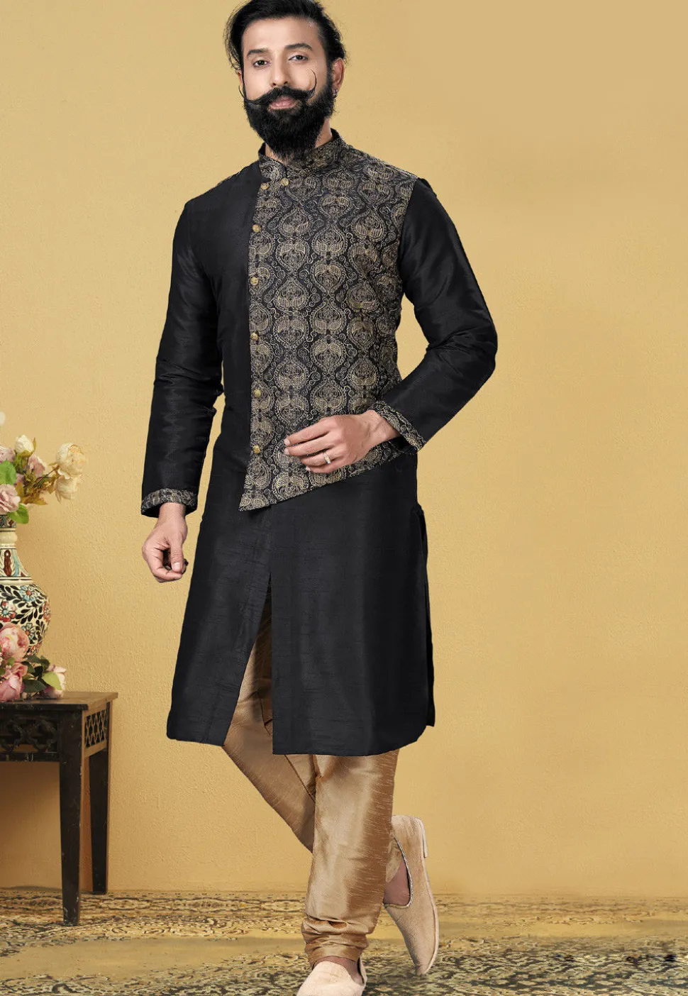 Embroidered Dupion Silk Kurta Set in Black