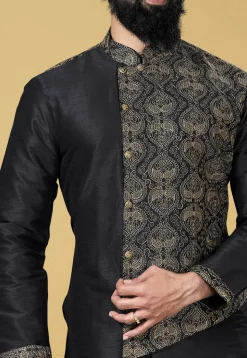 Embroidered Dupion Silk Kurta Set in Black