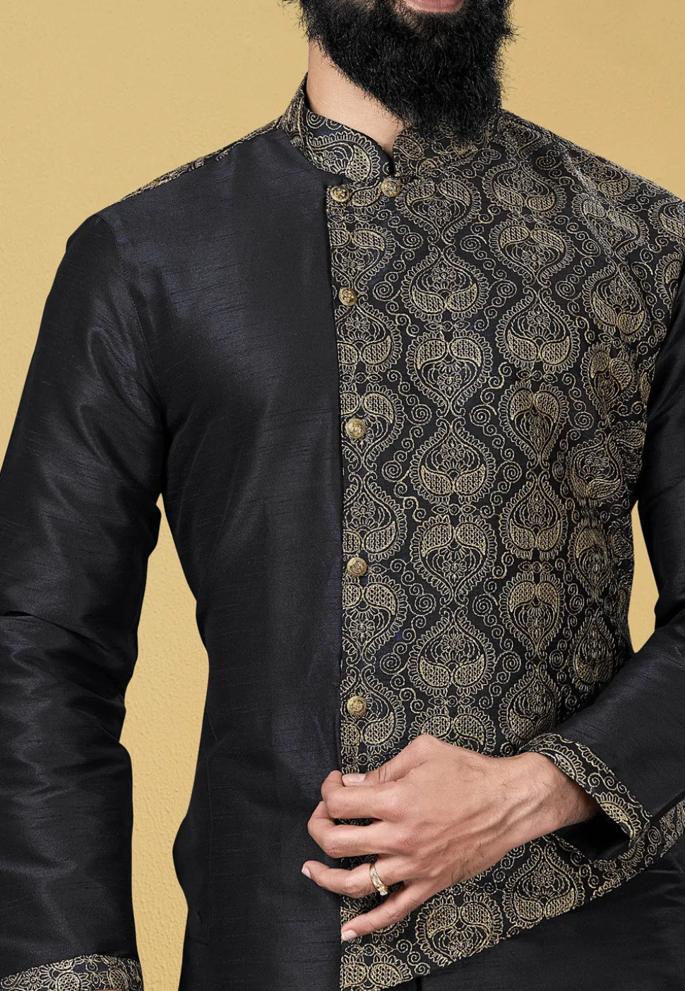 Embroidered Dupion Silk Kurta Set in Black