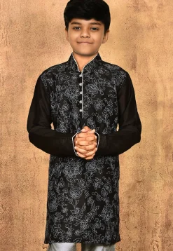 Embroidered Dupion Silk Kurta in Black