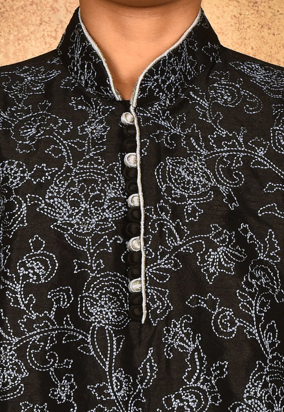 Embroidered Dupion Silk Kurta in Black