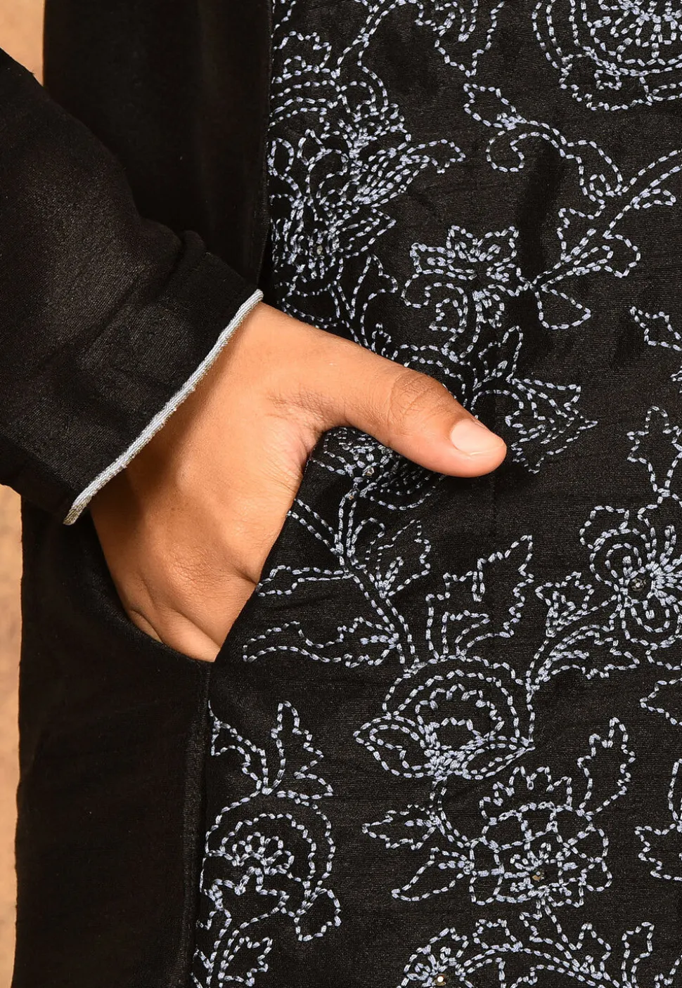 Embroidered Dupion Silk Kurta in Black